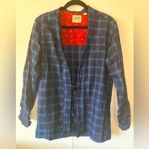 Naked & Famous Canada Blue Plaid Tie Front Kimono Style Lightweight Jacket Sz S
